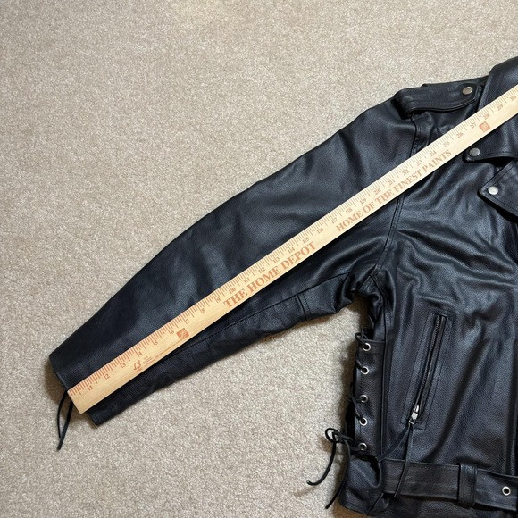 Leather Motorcycle Jacket Mens 44 Black Belted Side Lace Biker Zip Pockets - Picture 8 of 16